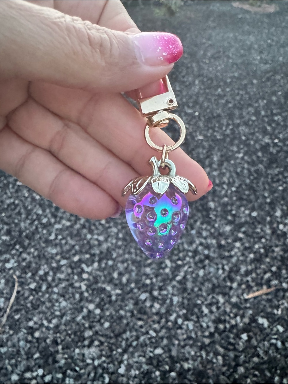 2-Piece Iridescent Strawberry Bag Charm Keychain Set Pink Gold - Picture 4 of 6